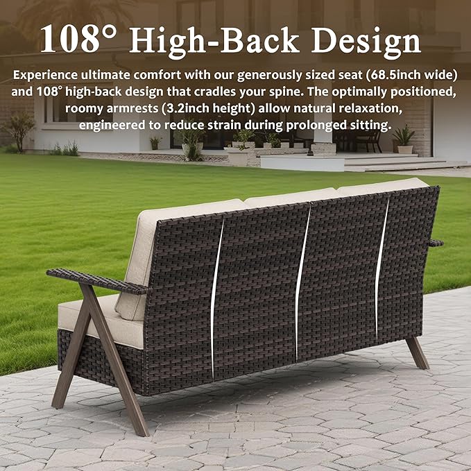 6 Piece Patio Furniture Set, Wicker Patio Conversation Set with Patio Chair and Outdoor 3-Seater Sofa and 2 Ottomans and Side Table for Deck Yard and Poolside