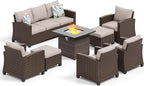 HERA'S HOUSE 8 Pieces Wicker Patio Furniture Set with Fire Pit Table, 4 x Single Chair, 2 x Ottoman, 3-Seat Sofa and 32" Fire Pit Table, Outdoor Rattan Conversation Set for Garden, Poolside, Backyard