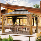 Domi 10' X 14' Hardtop Gazebo Outdoor Metal Gazebo Canopy with Galvanized Steel Double Roof, Wood Grain Aluminum Frame, Curtains and Netting for Patio, Deck, Garden