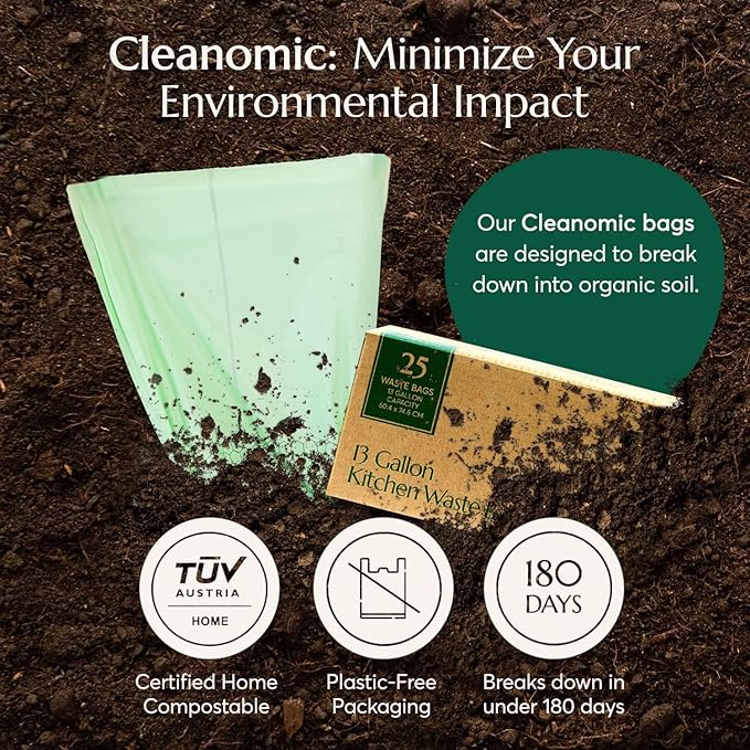 Cleanomic Compostable* Trash Bags with Drawstring (13 Gallon, 25 Units, Tall), BPI Certified For Kitchen Compost