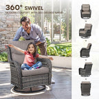 Patio Swivel Chairs with Smile-Shaped Cushions, 3 Piece High Back Patio Swivel Glider Chairs with Side Table 3PCS PE Rattan Luxury Swivel Patio Chair Set | Grey Wicker - Grey Cushions