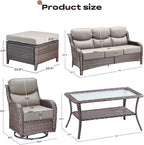 Rilyson Wicker Outdoor Patio Furniture Set - 6 Piece Patio Conversation Sets with Swivel Rocker Chairs, Ottomans, Sofa and Table, 6 inch Cushions, Deep Seating, for Porch Deck Brown/Beige