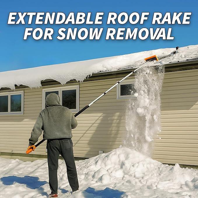 5-24 ft Telescoping Snow Roof Rake // High Reach Solar Panel Snow Removal Tool for Roofs, RVs & Cars // Heavy Duty Snow Rake for House Roof // 13.6" Scratch-Free Soft Foam Blade // Push Pull Design