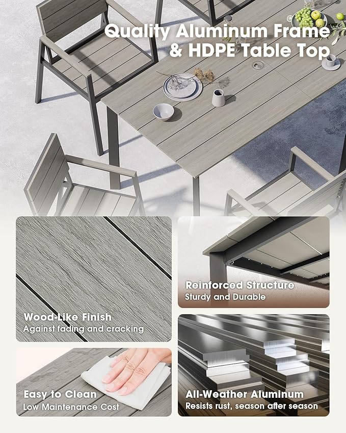 Patio Outdoor Dining Set for 6, Aluminum 7 Piece HDPE Patio Table and Chairs Set with Umbrella Hole, Modren Rectangular Patio Furniture Set with All-Weather Table and 6 Chairs (Classic Gray)