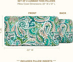 Honeycomb Outdoor Lumbar Pillow 2-Pack, 22 x 12, Geneva Paisley Turquoise Throw Pillows for Patio Furniture