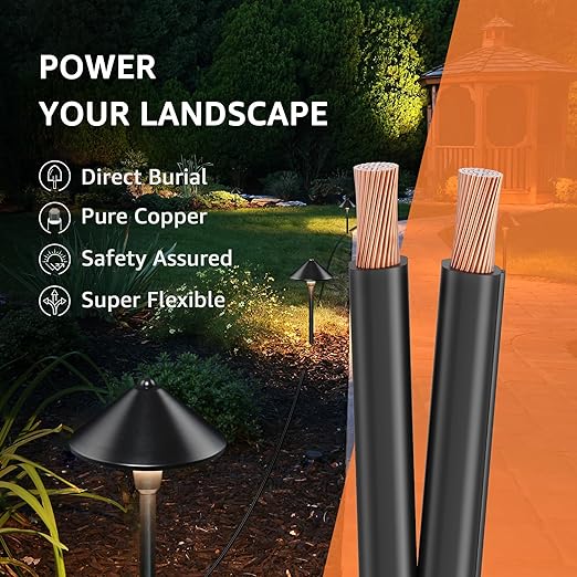 SUNVIE 100FT 14 Gauge Low Voltage Wire 14/2 Low Voltage Landscape Wire, 14 Gauge Stranded Copper Wire Direct Burial Lamp Wire 14 AWG 2 Conductor Electric Wire for Landscape Lighting, ETL Listed