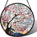 Stained Glass Window Hanging - Cherry Blossoms Suncatcher for Door Garden Home Decor Pink Flowers Sun Catcher Christmas Birthday for Friend Lovers Women Mom Nana 7.8 in