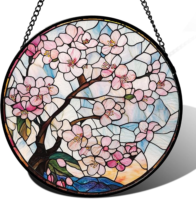 Stained Glass Window Hanging - Cherry Blossoms Suncatcher for Door Garden Home Decor Pink Flowers Sun Catcher Christmas Birthday for Friend Lovers Women Mom Nana 6.3 in