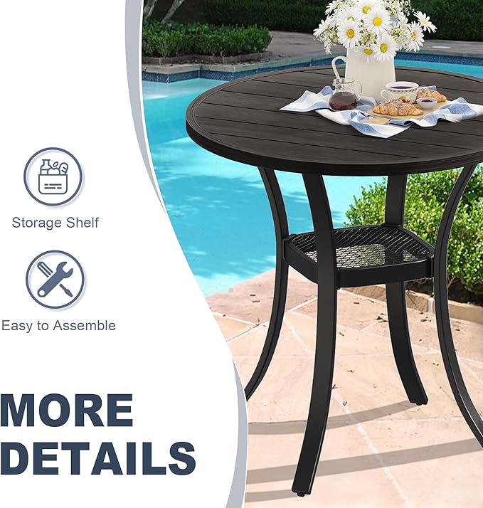 VICLLAX Round Patio Dining Table, Metal Outdoor Bistro Table with Storage Shelf for Balcony Garden Deck, 27.6" Ash Grey