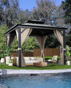 10x10 Ft Hardtop Gazebos with Heavy Duty Double Roof, Nettings and Curtains Galvanized Steel Outdoor Gazebos for Patio, Backyard, Deck, Lawn (Brown)