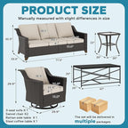 5 Pieces Outdoor Conversation Furniture Set - 77" Patio Sofa, 2 Swivel Rocker Chairs, 1 Side Table, 1 Metal Coffee Table, Patio Wicker Couch Set with Washable Cushions for Porch (Beige)