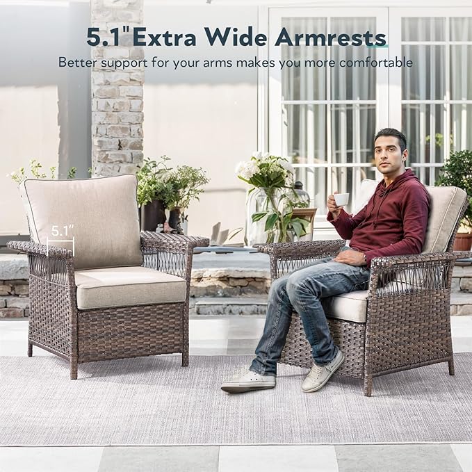 6 Pieces Wicker Patio Furniture Set - Hollow Widen Armrests 3 Seat Outdoor Sofa & Comfy Chairs with Side Table & Ottomans, Small Patio Convention Set for Deck and Backyard - Brown/Beige