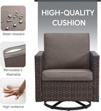 5 Piece Wicker Patio Furniture Set - Outdoor Swivel Rocker Chairs Set with 3 Seat Sofa and Ottomans, Small Patio Conversation Sets Proch Furniture for Balcony Deck - Brown/Grey