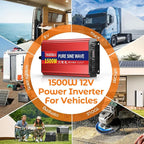1500W Pure Sine Wave Inverter, 12V DC to 110V/120V AC Power Inverter for RV、Off Grid、Truck、with 2 AC outlets and LCD Display