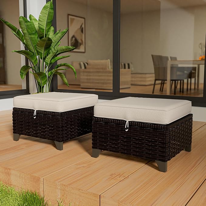 Vista Vibe 2 Pieces Patio Wicker Ottomans, Luxurious Footstools, Outdoor Small Footrest, Wicker Furniture with Removable Cushions, All-Weather PE Rattan, Garden, Backyard, Porch(Brown/Beige)