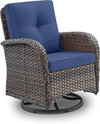 2 in 1 Porch Glider Swivel Chair - Wicker Patio Furniture Outdoor Swivel Rocker Chair with Thick Cushion, 300 Lb Weight Capacity Patio Swivel Glider Seating - Brown Wicker, Blue Cushion