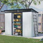 8x6 FT Outdoor Storage Shed,Metal Shed with Floor & Transparent Plate,Garden Shed W/Air Vent & Lockable Sliding Door,All Weather Waterproof Tool House W/Sloped Roof,Black+White