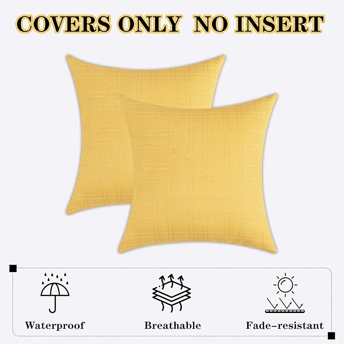 Kevin Textile Pack of 2 Decorative Outdoor Waterproof Pillow Covers Square Garden Checkered Cushion Sham Throw Pillowcase Shell for Patio Tent Couch 24x24 Inch Yellow