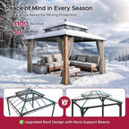 SUNJOY Kingston 12' x 12' Hardtop Gazebo with Galvanized Steel/Polycarbonate Double Roof, Curtain and Netting, Woodgrain Finish Aluminum Posts Permanent Pavilion Gazebo for Garden, Patio, Deck, Lawn
