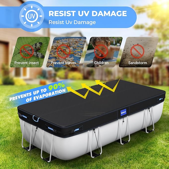 7x10 Ft Rectangular Pool Cover with Reflective Strips for Above Ground Pool, 420D Swimming Pool Cover for Rectangular or Oval Frame Pools, Solar Cover with Drawstring and Ground Nails