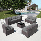 Outdoor Patio Furniture Set, 9 Pieces Outdoor Furniture All Weather Patio Sectional Sofa PE Wicker Modular Conversation Sets with Coffee Table,8 Chairs & Seat Clips(Grey)