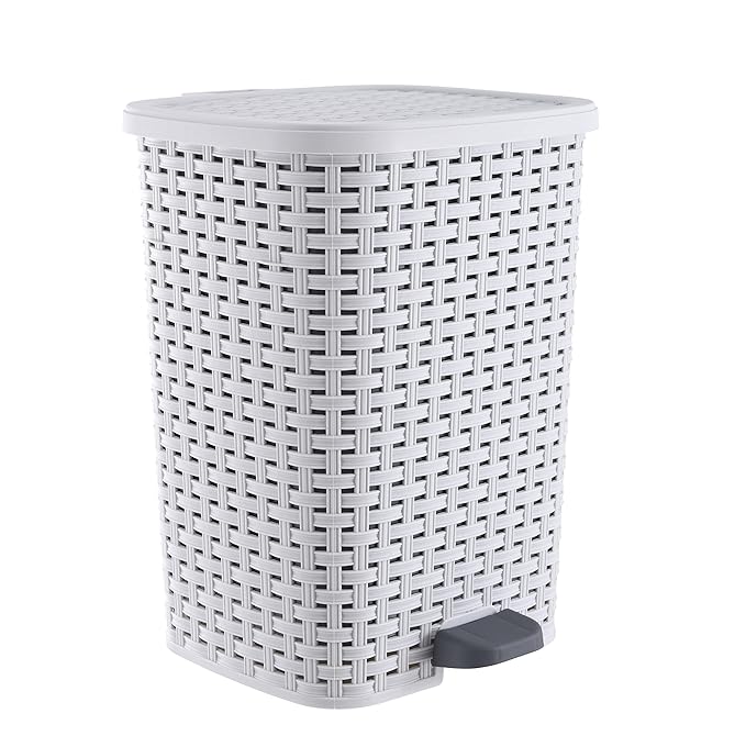 Superio Small Outdoor Trash Can with Lid for Dog Poop 6.8 Gallon/26 L Step On Plastic Garbage Can with Foot Pedal for Bathroom, Bedroom, Office, Patio, Wicker Smoke