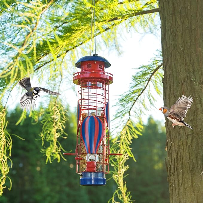 Metal Squirrel Proof Bird Feeders for Outdoors Hanging Large Tube Mesh Anti Squirrels Seed Waterproof Cardinals Feeder, Gifts for Bird Lovers, Backyard Decoration