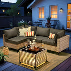 Outdoor Sectional Patio Furniture Set with Glowing Table,5 Pieces Wicker Conversation Sets L Shaped Couch Out Door Sofa Set Outside Furniture for Garden Deck Yard Porch,Black