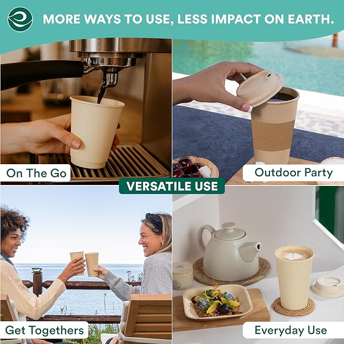 ECO SOUL 100% Compostable Plant-Based 12oz Hot Cups | (200 Count, 12 oz Hot Cups) | Disposable Bagasse Paper Cups | Eco-friendly Cups | Sturdy, Microwave & Oven Safe
