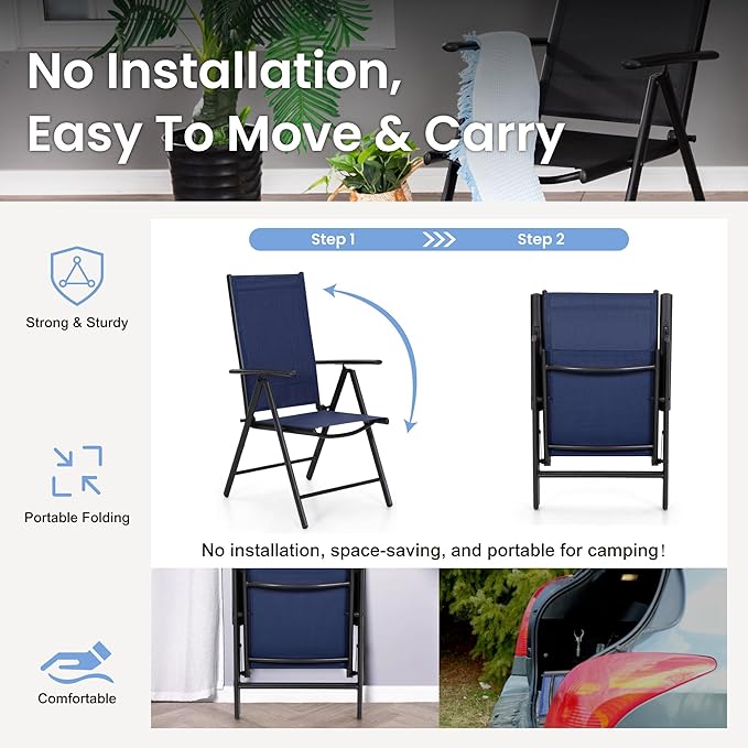 PHI VILLA Outdoor Patio Dining Set for 4, Patio Table and Chairs Set with Adjustable Folding Patio Sling Chairs for Garden, Deck and Yard, Blue