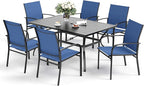 7 Piece Patio Dining Set for 6, Rectangular Metal Dining Table with Umbrella Hole and 6 Chairs, Outdoor Table and Chairs Set for Lawn Backyard and Deck, Blue