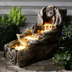 31.5" L Garden Water Fountain Outdoor, Artifical Imitation Wood Outdoor Water Fountain Natural Waterfall with LED Lights for Patio,Porch,Backyard,Home Art Decor（Resin）