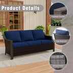 74 Inch Patio 3-Seater Sofa,PE Wicker Outdoor Lounge with Thick Removable Water-Resistant Cushions, Rust-Proof Steel Frame, 900LBS Capacity, Blue