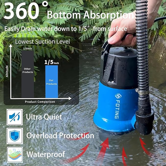 FOTING Sump Pump 1HP Automatic Submersible Water Pump, 4600GPH Utility Pump Thermoplastic Electric Portable Transfer Water Pump for Swimming Pool Garden Pond Basement with 16ft Long Power Cord