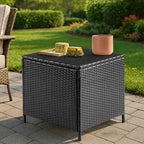 VINGLI 27 Gallon Outdoor Deck Box, Wicker Outdoor Storage Box with Lid, Small Storage Bin Container for Outside and Patio, Patio Rattan Side Table for Yard Porch (Black, Square)