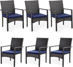 PHI VILLA Outdoor Rattan Dining Chairs Set of 6, Modern Wicker Armchair with Cushions for Patio, Deck, Yard, Porch - Brown