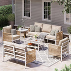 Aluminum Outdoor Patio Furniture Set, HDPE Rope 5 Piece Modern Sectional Conversation Sets with Dual-Layer Coffee Table, All Weather Patio Couch Sofa with Thick Cushions, White Frame, Ivory