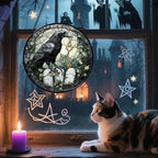 Stained Glass Window Hanging - Halloween Crow White Tombstone Suncatcher for Doors Garden Home Spooky Black Green Sun Catchers Gothic Decor Horror Gift for Women Men Friend Boy Girl 7.8 in