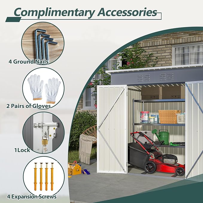 6x4 FT Outdoor Storage Shed, Metal Garden Shed with Frame Floor, Outside Tool Shed with Lockable Hinged Doors, Waterproof Storage Building with Sloped Roof for Backyard, Patio, Lawn, Gray