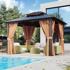 10'x12' Hardtop, Double Roof Gazebo, Aluminum Frame Permanent Pavilion with Netting and Curtains, Outdoor Polycarbonate Gazebo, for Patios, Gardens, Lawns