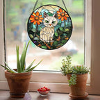 Stained Glass Window Hanging - White Cat Green Plants Orange Flowers Sun Catcher for Door Garden Home Decor Suncatcher Christmas Mother's Day Birthday Gifts for Women Men Mom Nana 15 in