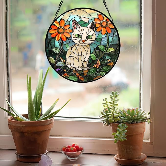 Stained Glass Window Hanging - White Cat Green Plants Orange Flowers Sun Catcher for Door Garden Home Decor Suncatcher Christmas Mother's Day Birthday Gifts for Women Men Mom Nana 11.8 in