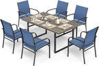 7 Piece Patio Dining Set for 6, 64” Rectangular Wood-Like Steel Dining Table with Umbrella Hole, 6 x Blue Chairs, Outdoor Table and Chairs Set for Lawn Backyard and Deck