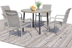 5 Pieces Round Dining Table Set for 4, Patio Dining Set Includes 4 Grey Stackable Patio Chairs and 1 Honey Oak Round Table, Patio Furniture Sets with Sling Support for Outside, Garden