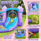 Water Bounce House for Kids 3-8, Purple Large Inflatable Bouncy Castle with Water Slide 480W Air Blower Jumping Space Ball Pit Swim Pool Basketball, Bouncy House for Party Birthday Event Gift