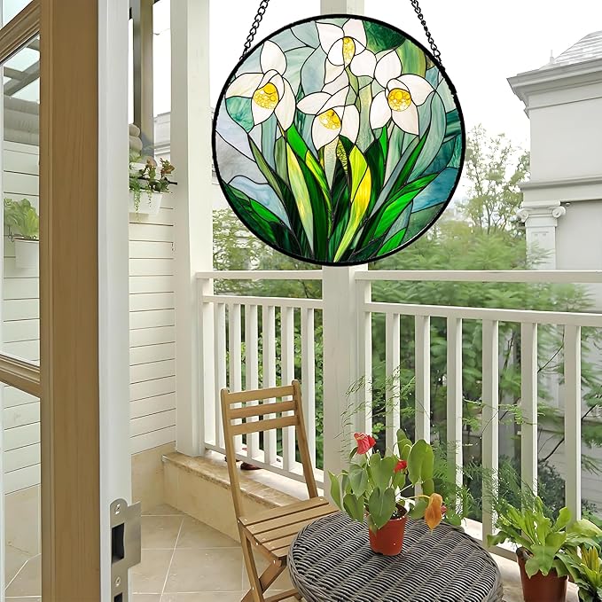 Stained Glass Window Hanging - White Snow Lotus Birth Flower Suncatcher for Doors Garden Patio Sun Catchers Decor Christmas Mother's Day Birthday Gifts for Women Men Mom Nana Friend 7.8 in