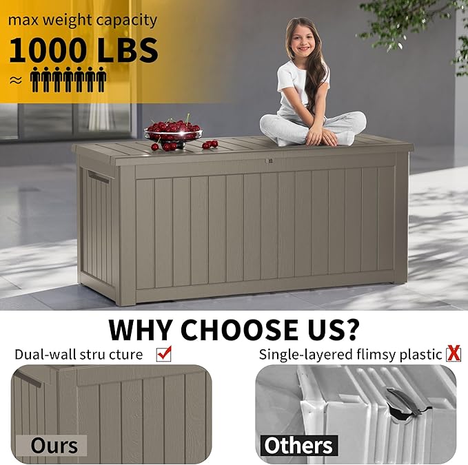 270 Gallon Waterproof Large Resin Deck Box Indoor/Outdoor Lockable Storage Container and Seating for Garden, Pool, and Patio (270 Gallon, Grey)
