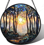 Stained Glass Window Hanging, Forest Sunrise Smoke Blue Brown Tree Suncatcher for Doors Window Home Landscape Sun Catchers Decor Mother's Day Birthday Gifts for Women, Men Mom 6.3 in