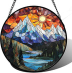 Stained Glass Window Hanging - Colorful Mountain Lake Landscape Sun Catcher for Door Garden Home Decor Suncatcher Christmas Mother's Day Birthday Gifts for Women Men Mom Nana 15 in