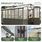 Aoxun 6x12 FT Wood Green House for Outdoors, Polycarbonate Panel Wooden Walk-in Greenhouse Kit with Automatic Temperature Control Roof Vent and Lockable Door, for Outside Backyard Garden, Gray